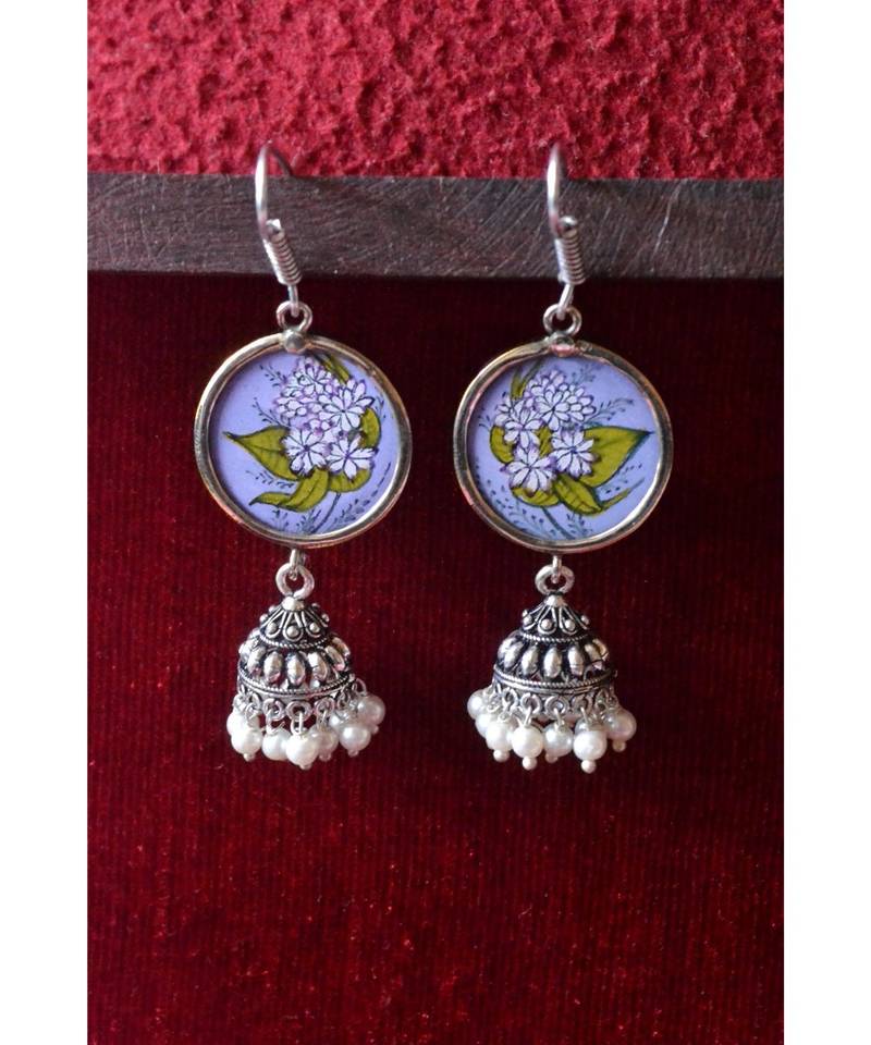 Handpainted Designer silver disc earrings with jhumka in bottom