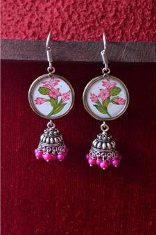Handpainted Designer silver disc earrings with jhumka in bottom