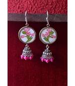 Handpainted Designer silver disc earrings with jhumka in bottom