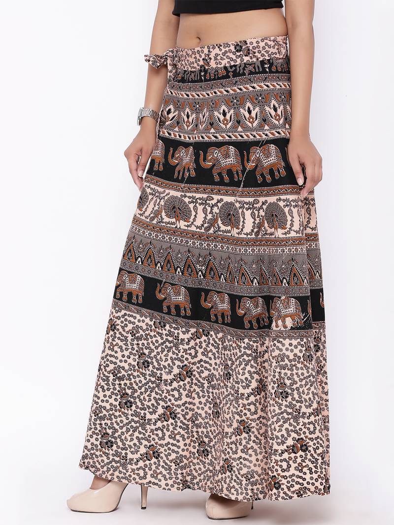 Beige Cotton Printed Wrap Around Skirt