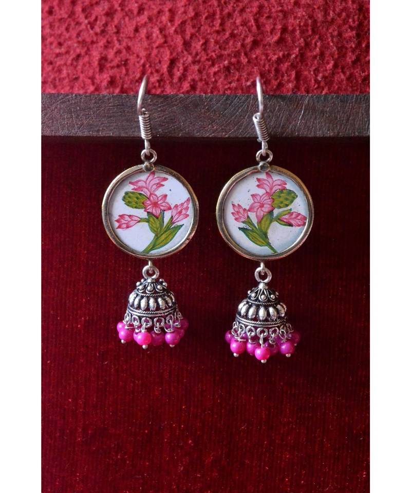 Handpainted Designer silver disc earrings with jhumka in bottom