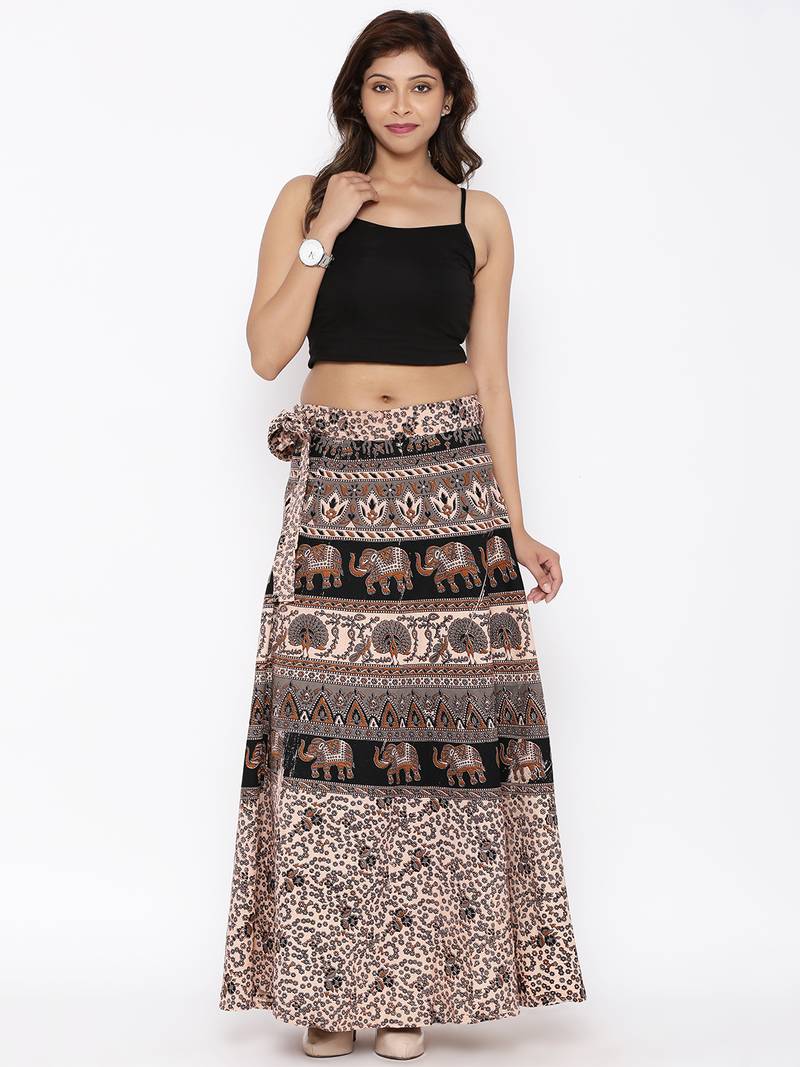 Beige Cotton Printed Wrap Around Skirt