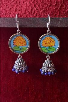 Handpainted Designer silver disc earrings with jhumka in bottom