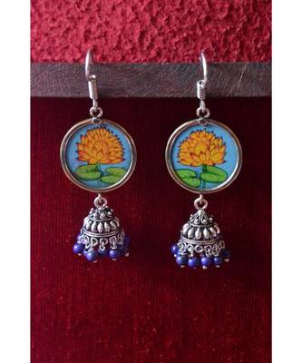 Handpainted Designer silver disc earrings with jhumka in bottom 1