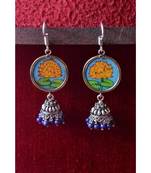 Handpainted Designer silver disc earrings with jhumka in bottom