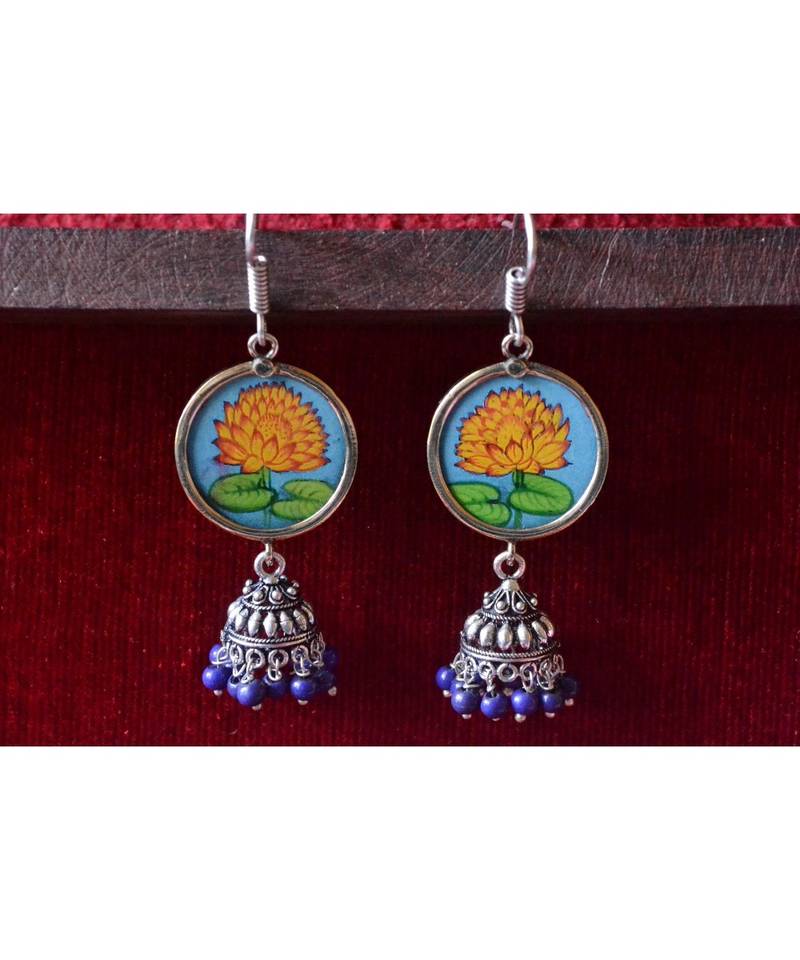 Handpainted Designer silver disc earrings with jhumka in bottom