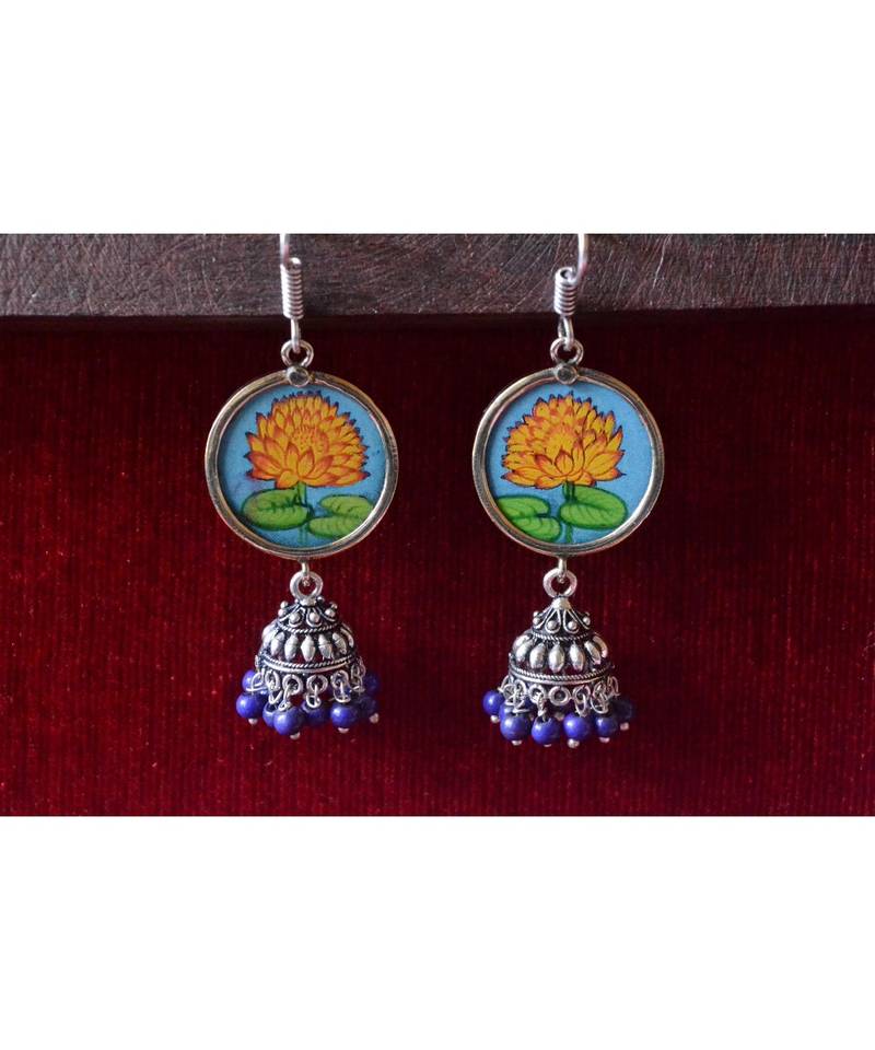 Handpainted Designer silver disc earrings with jhumka in bottom