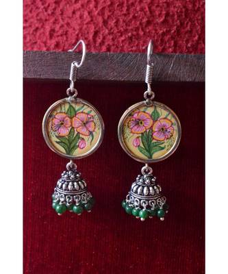 Handpainted Designer silver disc earrings with jhumka in bottom 1