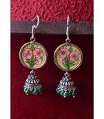 Handpainted Designer silver disc earrings with jhumka in bottom