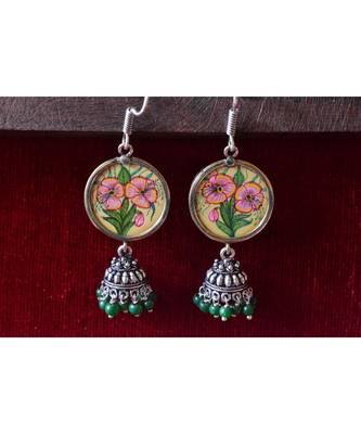 Handpainted Designer silver disc earrings with jhumka in bottom 2