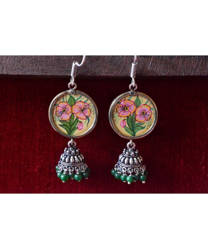 Handpainted Designer silver disc earrings with jhumka in bottom