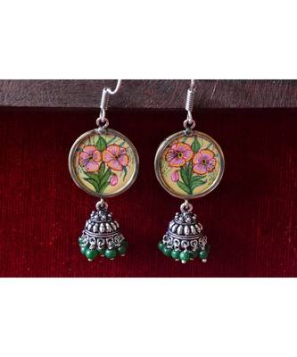 Handpainted Designer silver disc earrings with jhumka in bottom 3