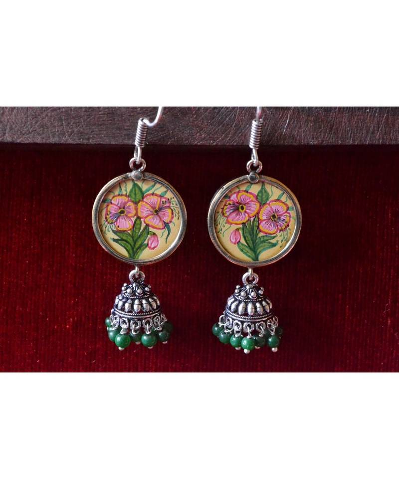 Handpainted Designer silver disc earrings with jhumka in bottom