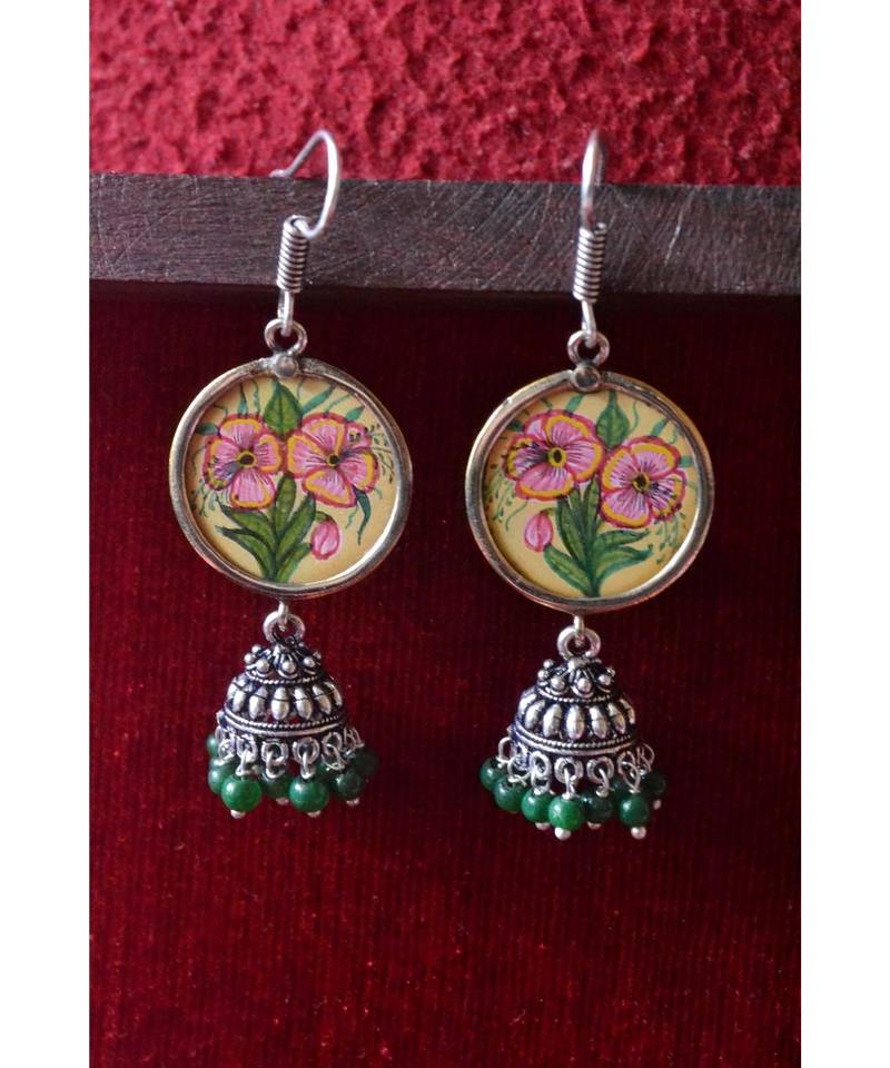 Handpainted Designer silver disc earrings with jhumka in bottom