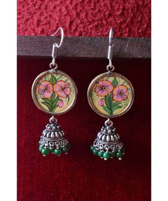 Handpainted Designer silver disc earrings with jhumka in bottom 5