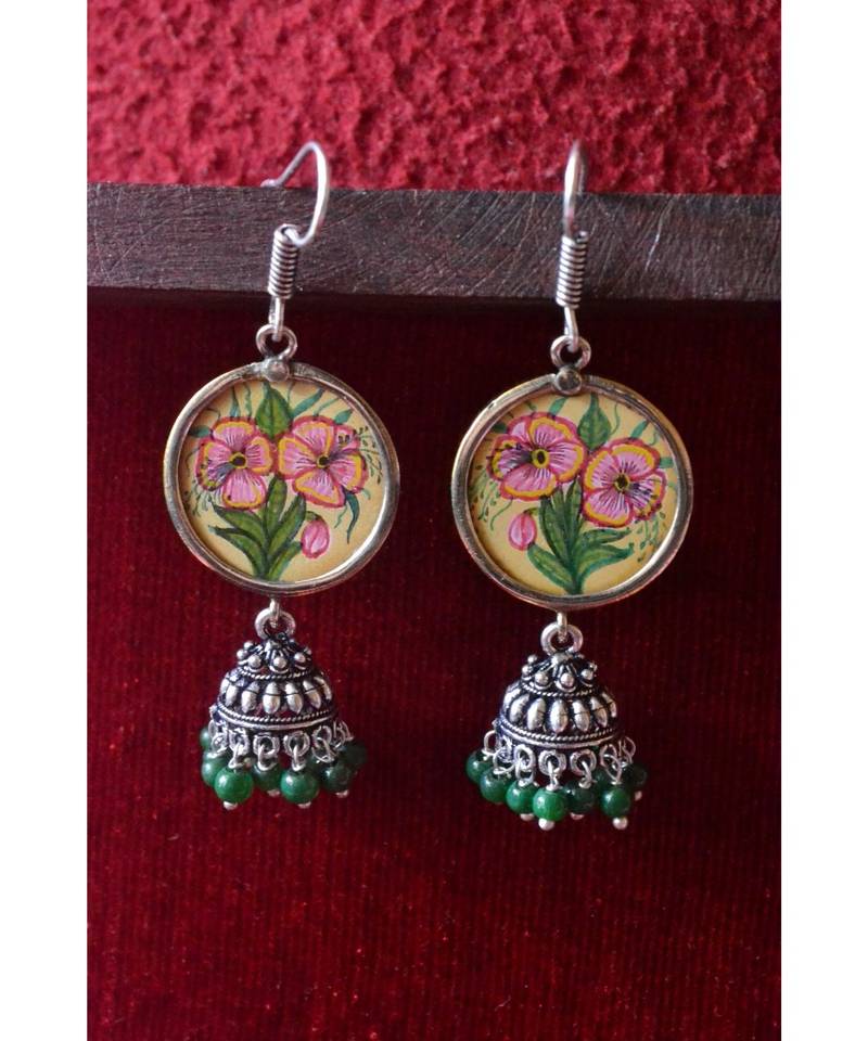 Handpainted Designer silver disc earrings with jhumka in bottom