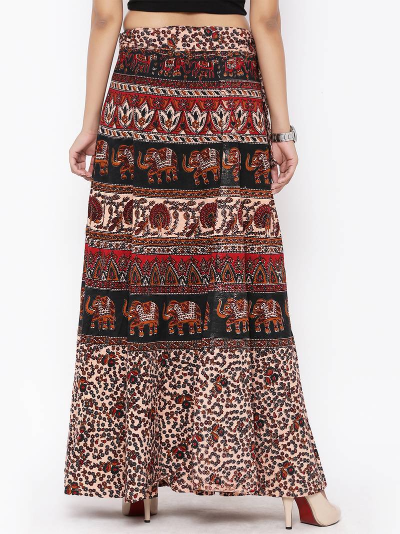 Beige Cotton Printed Wrap Around Skirt