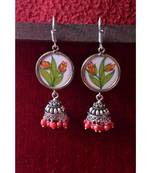 Handpainted Designer silver disc earrings with jhumka in bottom