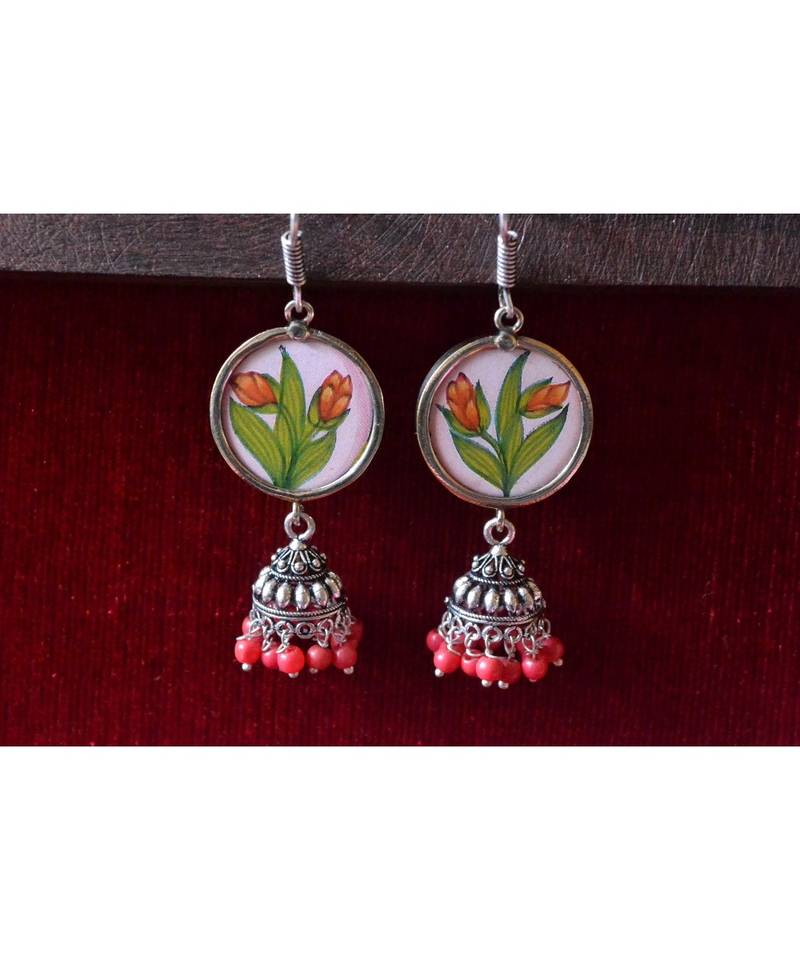 Handpainted Designer silver disc earrings with jhumka in bottom