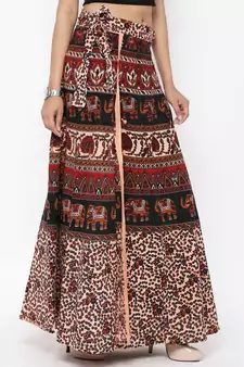 Beige Cotton Printed Wrap Around Skirt
