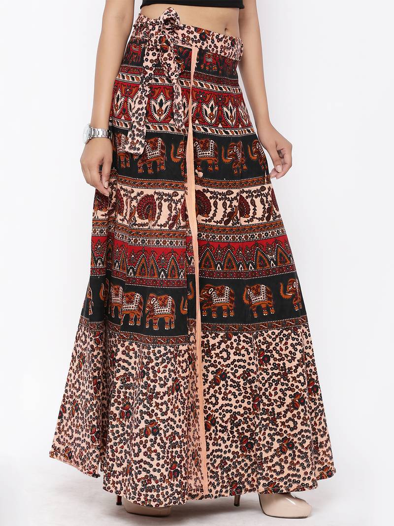 Beige Cotton Printed Wrap Around Skirt