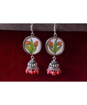 Handpainted Designer silver disc earrings with jhumka in bottom 3