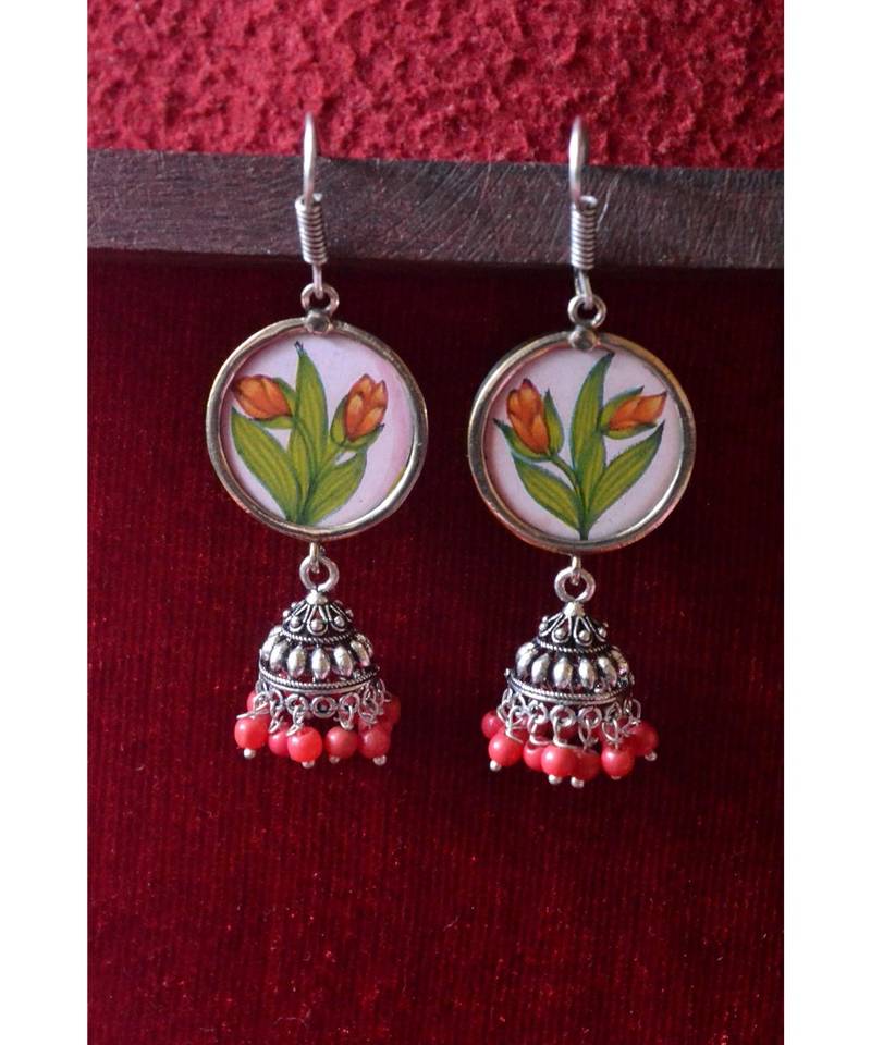 Handpainted Designer silver disc earrings with jhumka in bottom