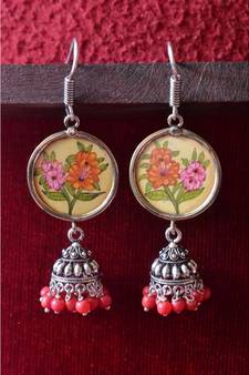 Handpainted Designer silver disc earrings with jhumka in bottom