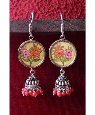 Handpainted Designer silver disc earrings with jhumka in bottom 1
