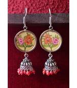 Handpainted Designer silver disc earrings with jhumka in bottom
