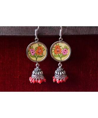 Handpainted Designer silver disc earrings with jhumka in bottom 2