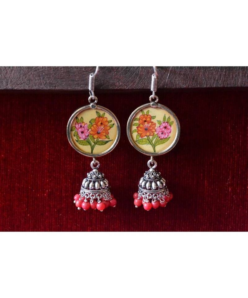 Handpainted Designer silver disc earrings with jhumka in bottom