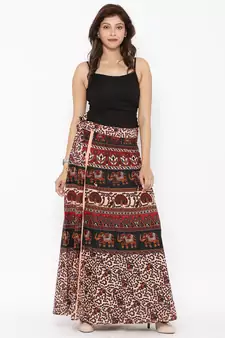 Beige Cotton Printed Wrap Around Skirt