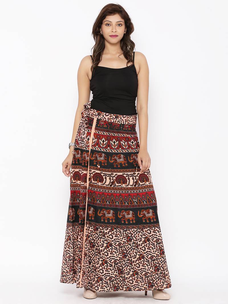 Beige Cotton Printed Wrap Around Skirt