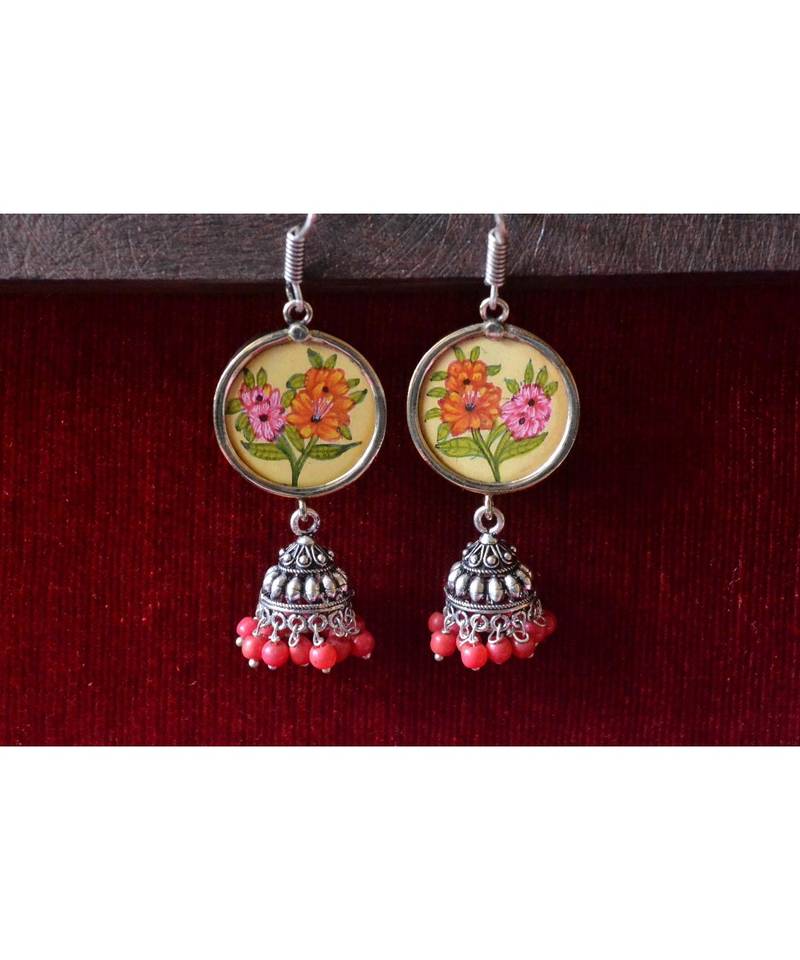 Handpainted Designer silver disc earrings with jhumka in bottom