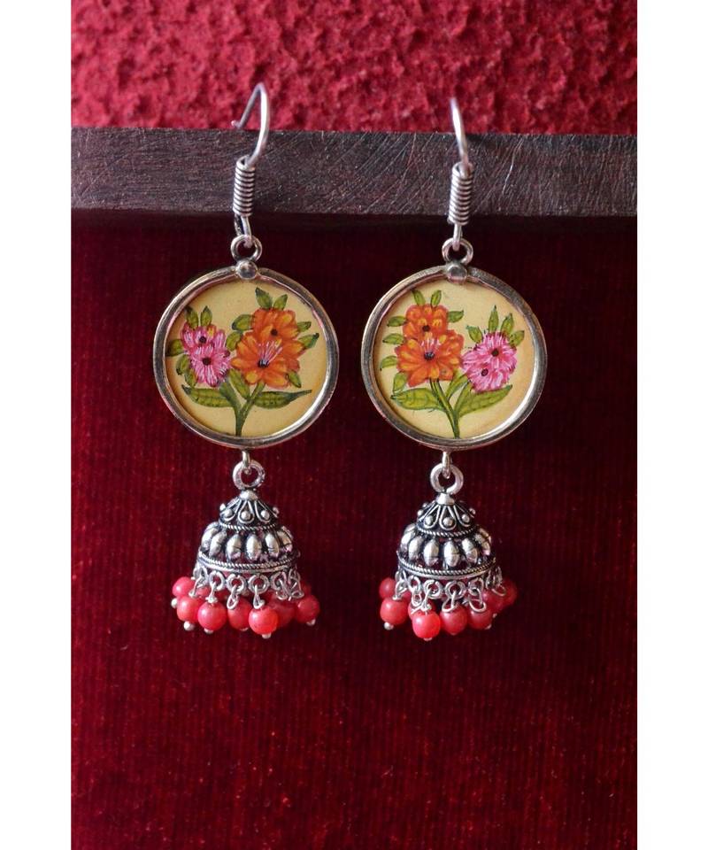 Handpainted Designer silver disc earrings with jhumka in bottom