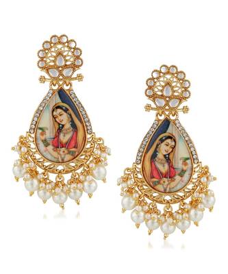 Designer handpainted enamelled radha krishna painting dangler earrings with studded diamond 1