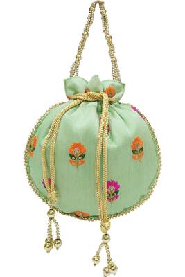 Silk Ethnic Buti Embroidered Green Party Wear Handbag Potli Bag 1