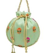 Silk Ethnic Buti Embroidered Green Party Wear Handbag Potli Bag
