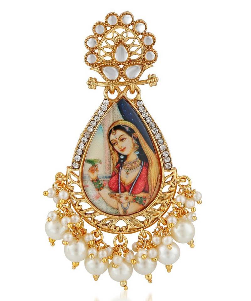 Designer handpainted enamelled radha krishna painting dangler earrings with studded diamond