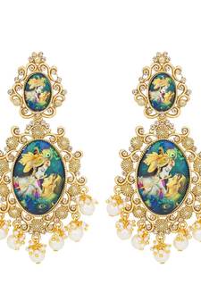Designer handpainted enamelled radha krishna painting dangler earrings with studded diamond