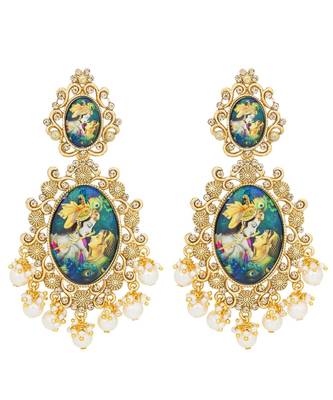 Designer handpainted enamelled radha krishna painting dangler earrings with studded diamond 1