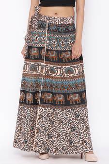 Beige Cotton Printed Wrap Around Skirt