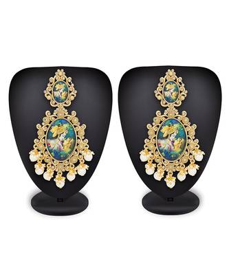 Designer handpainted enamelled radha krishna painting dangler earrings with studded diamond 2