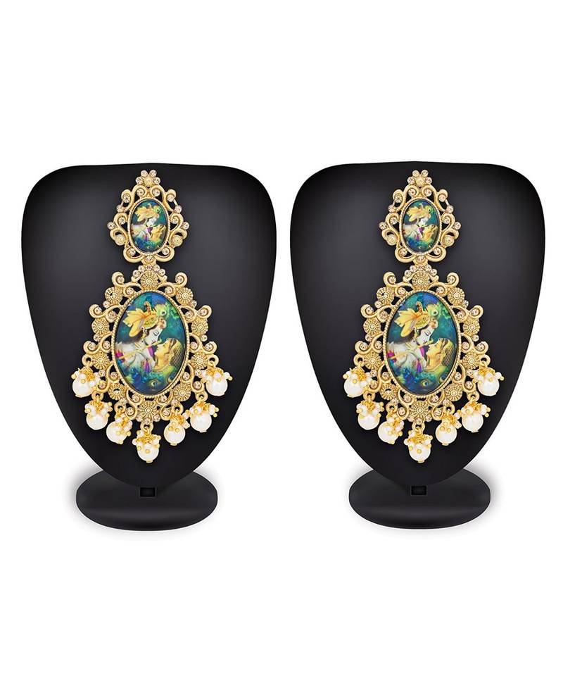 Designer handpainted enamelled radha krishna painting dangler earrings with studded diamond