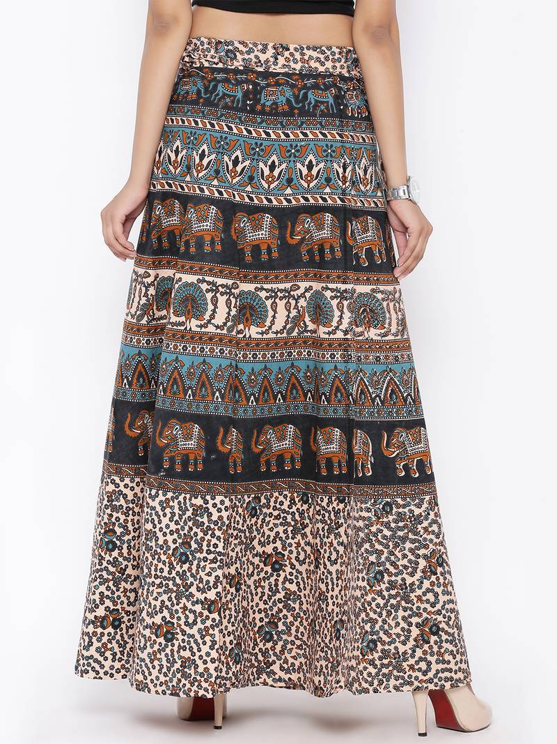 Beige Cotton Printed Wrap Around Skirt