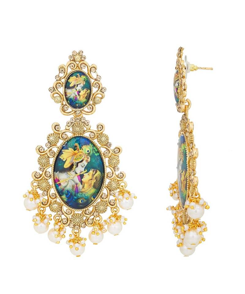 Designer handpainted enamelled radha krishna painting dangler earrings with studded diamond
