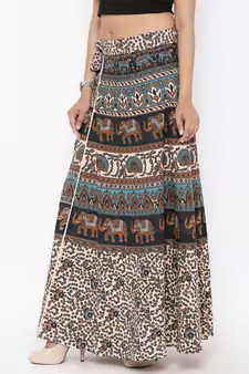 Beige Cotton Printed Wrap Around Skirt