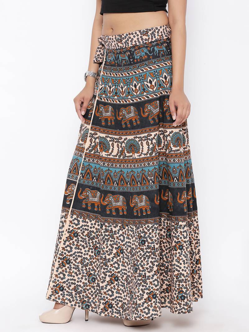 Beige Cotton Printed Wrap Around Skirt