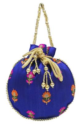 Silk Ethnic Buti Embroidered Navy Blue Party Wear Handbag Potli Bag 1